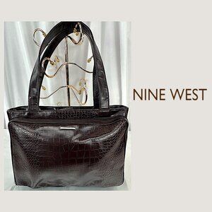 Nine West Dk Brown Croc Embossed Faux Leather Tote Bag | Shoulder Bag | Elegant